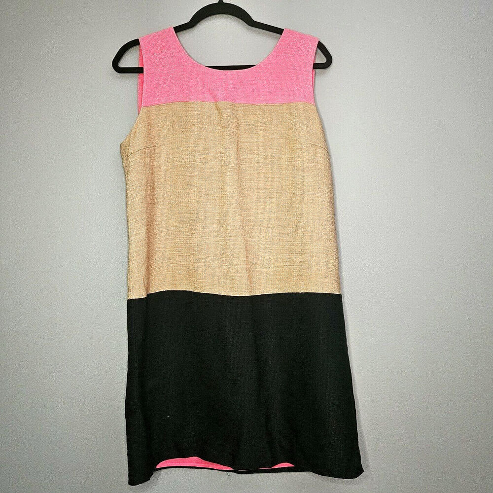 DKNY Color Block‎ Linen Blend Sleeveless Shift Dress Pink Tan Black Womens 10